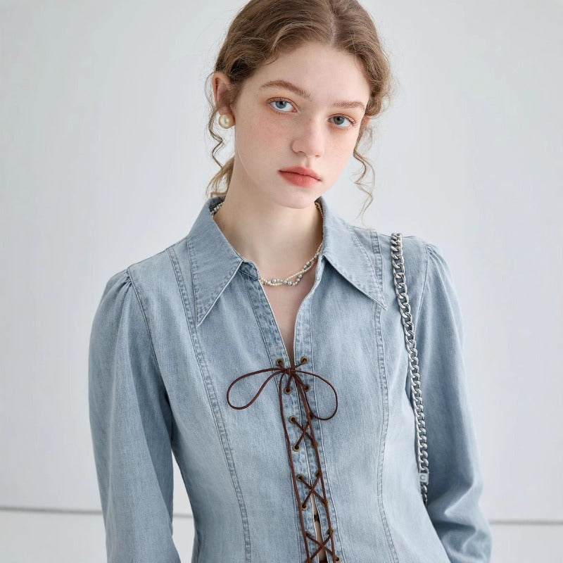 Women top independent station cross-border spring sense of design strappy long sleeves slit waist denim shirtoutwear women's clothing