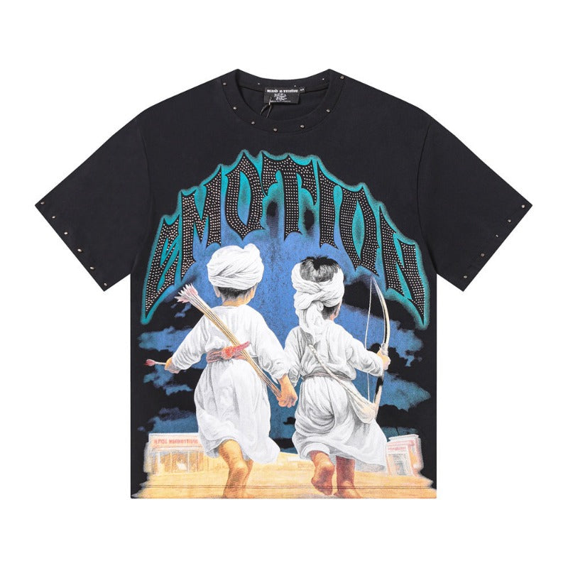 Mixed emotion t-shirt men's rhinestone printing g pure cotton printing