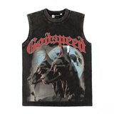 Hip hop tank top american dog head printing washed and distressed niche style summer wear loosecasual vest sweatshirt