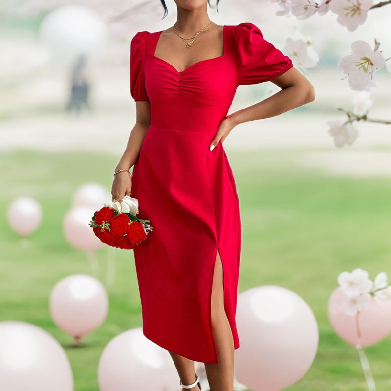 Graduation Dresses Split Fork Puff Sleeve Red Dress