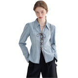 Women top independent station cross-border spring sense of design strappy long sleeves slit waist denim shirtoutwear women's clothing
