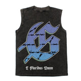 Hip hop tank top american high street retro washed distressed water reflection skull printing loose vest sweatshirt