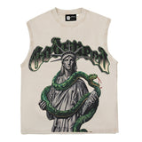 Hip hop tank top american retro python statue of liberty printing washed and distressed niche style loose vest