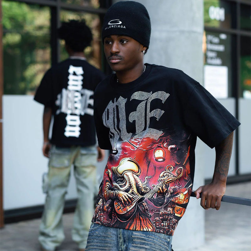 Mixed Emotion T-Shirt Alien Print Diamond Casual Loose Short Sleeve T-Shirt