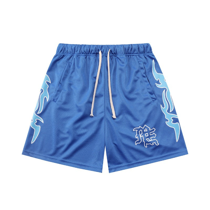 Mixed Emotion Shorts Flame Print Mesh Sports Quick-Drying Basketball Pants Mesh Pants