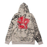 Hip-hop hoodie american street high street retro hip-hop rap graffiti all-over printed red dragon embroider zipper hooded sweatshirt