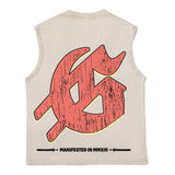Hip hop tank top american dog head printing washed and distressed niche style summer wear loosecasual vest sweatshirt