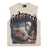 Hip hop tank top retro graffiti skull reading newspaper west coast hip hop street retro washed old american waistcoat vest