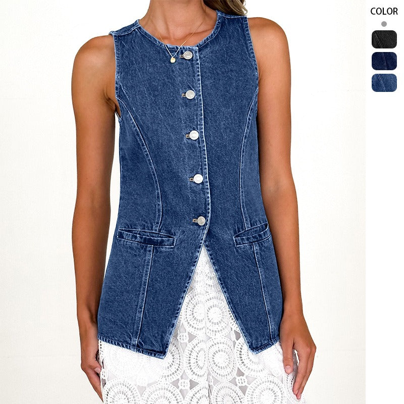 Women's top: amazon independent site cross-border fashion - vintage european & american style, round neck, sleeveless, cinched waist denim vest jacket for women