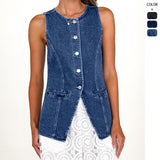 Women's top: amazon independent site cross-border fashion - vintage european & american style, round neck, sleeveless, cinched waist denim vest jacket for women