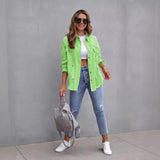 Women's european and american style mid-length frayed hem distressed denim jacket - autumn/winter long sleeve casual turn-down collar top