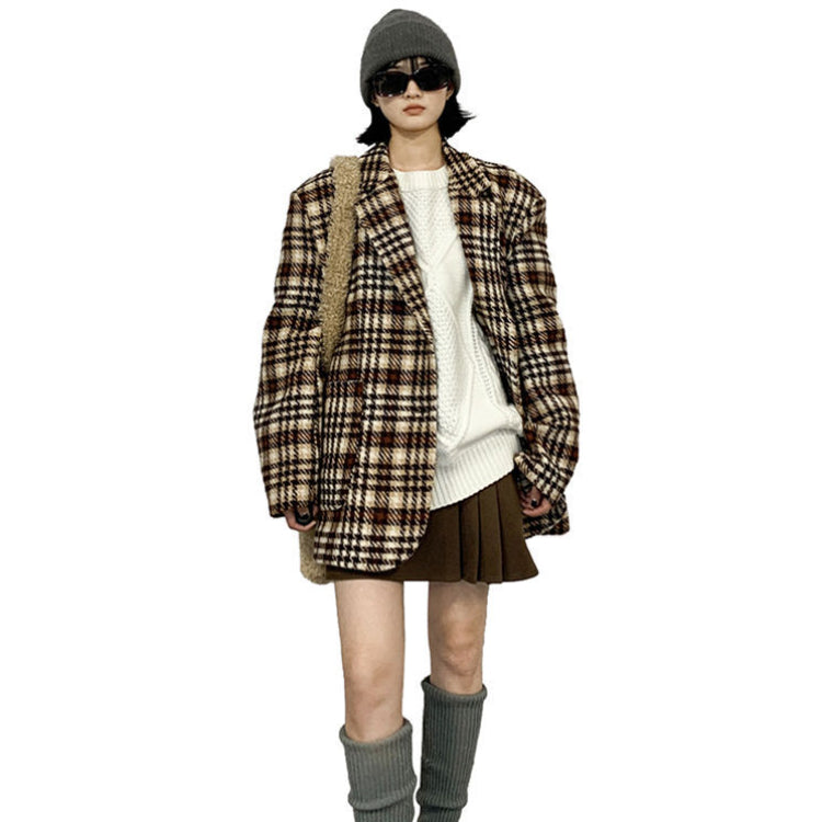 Plaid Trench Coat Winter Retro Checked Woolen Coat Coat for Women