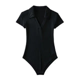Women T-shirt Polo Collar Short Sleeve Tight Jumpsuit