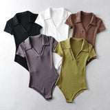 Women T-shirt Polo Collar Short Sleeve Tight Jumpsuit