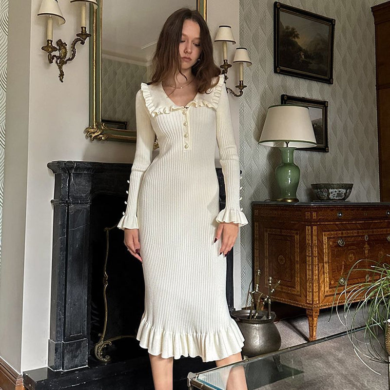 Women Sweater Dress Ruffles Knitted Dress Fall/Winter Sweater Dress Vintage