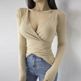 Women Long Sleeve Shirt V-neck Tight Bottoming Shirt Autumn