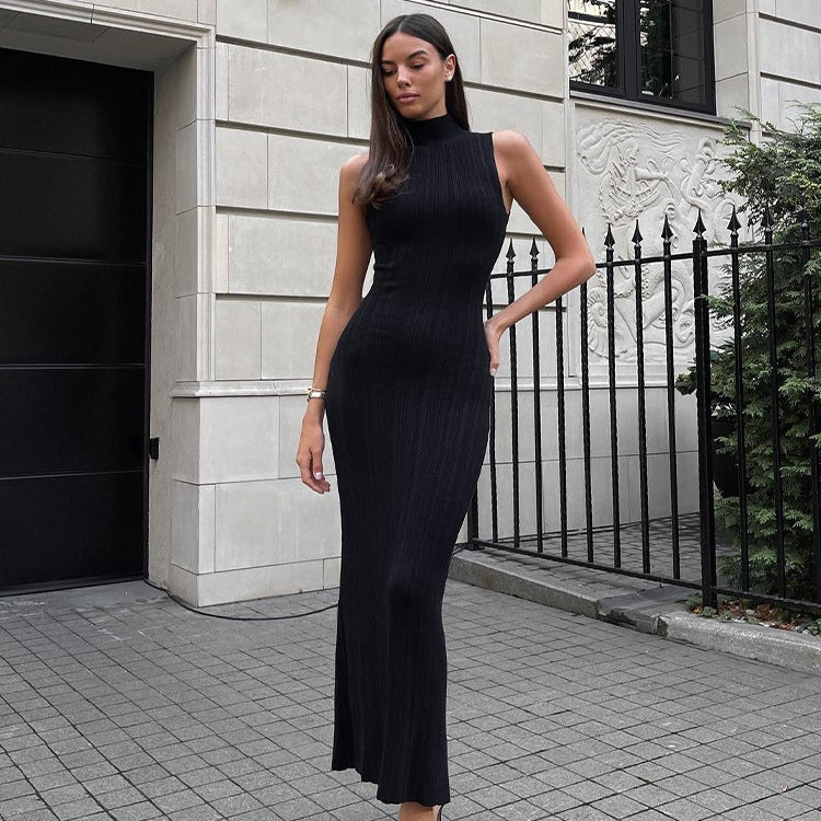 Women Sweater Dress Knitted Turtleneck Sleeveless Tight Skirt Spring and Summer Dress