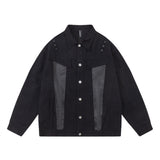 Men Denim Jacket Loose Denim Jacket Men's Spring and Autumn PU Leather Stitching Denim Jacket