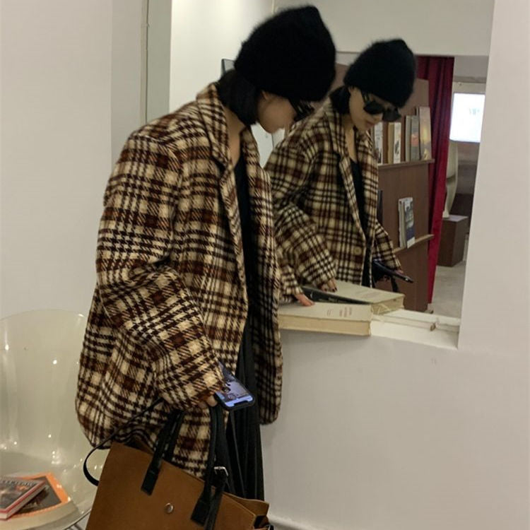Plaid Trench Coat Winter Retro Checked Woolen Coat Coat for Women