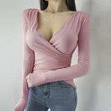 Women Long Sleeve Shirt V-neck Tight Bottoming Shirt Autumn