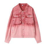 Men Denim Jacket Washed Tie-Dye Gradient Denim Jacket Men Workwear Denim Jacket Autumn