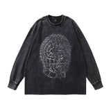 Men Long Sleeve Shirt Street Retro Cartoon Printed Distressed Long Sleeve T-shirt for Men and Women
