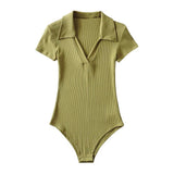 Women T-shirt Polo Collar Short Sleeve Tight Jumpsuit