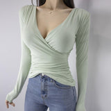 Women Long Sleeve Shirt V-neck Tight Bottoming Shirt Autumn