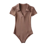 Women T-shirt Polo Collar Short Sleeve Tight Jumpsuit