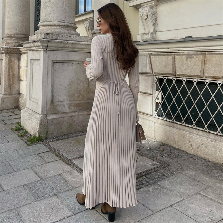 Women Sweater Dress Long Sleeve round Neck Knitted Maxi Dress Autumn Woolen Skirt