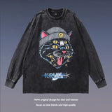 Men Long Sleeve Shirt Street Retro Cartoon Printed Distressed Long Sleeve T-shirt for Men and Women