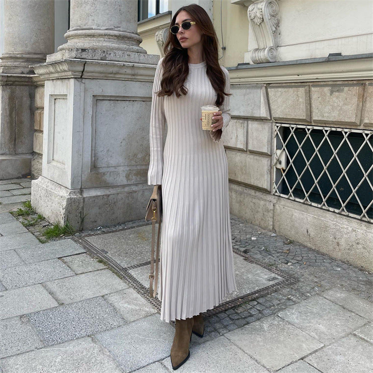 Women Sweater Dress Long Sleeve round Neck Knitted Maxi Dress Autumn Woolen Skirt