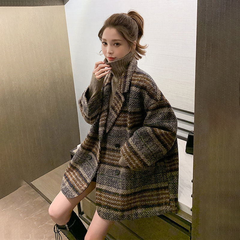Plaid Trench Coat Fall Loose Plaid Woolen Coat Suit Coat for Women