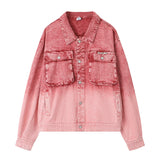Men Denim Jacket Washed Tie-Dye Gradient Denim Jacket Men Workwear Denim Jacket Autumn